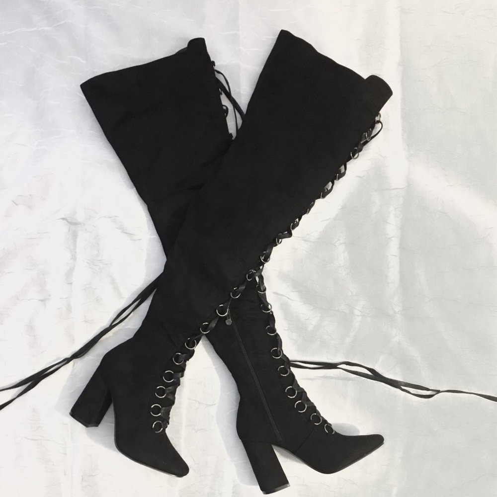 SOLD Thigh High Black Suede Lace Up Boots